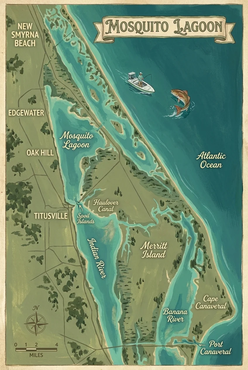 Painted chart of the Mosquito Lagoon, from New Smyrna Beach at the north to Port Canaveral at the south, showing the barrier island, Haulover Canal, Indian River, Merritt Island and Banana River