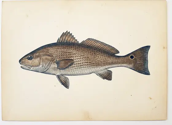 Engraved-style illustration of a redfish