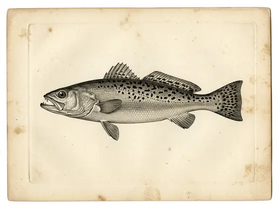 Engraved-style illustration of a spotted seatrout